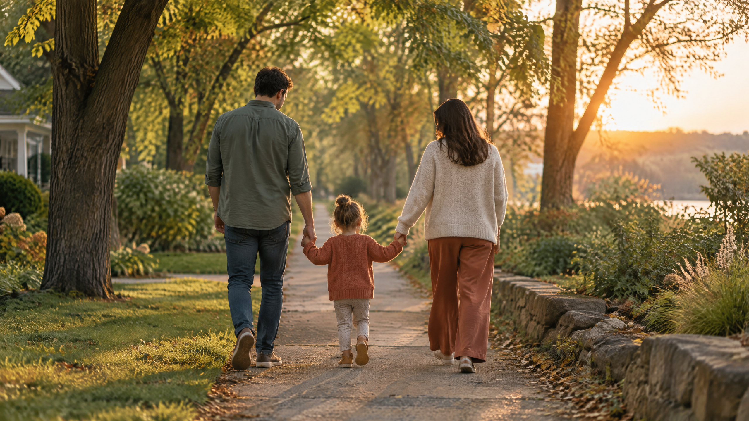 Family walking together through a tree-lined neighborhood