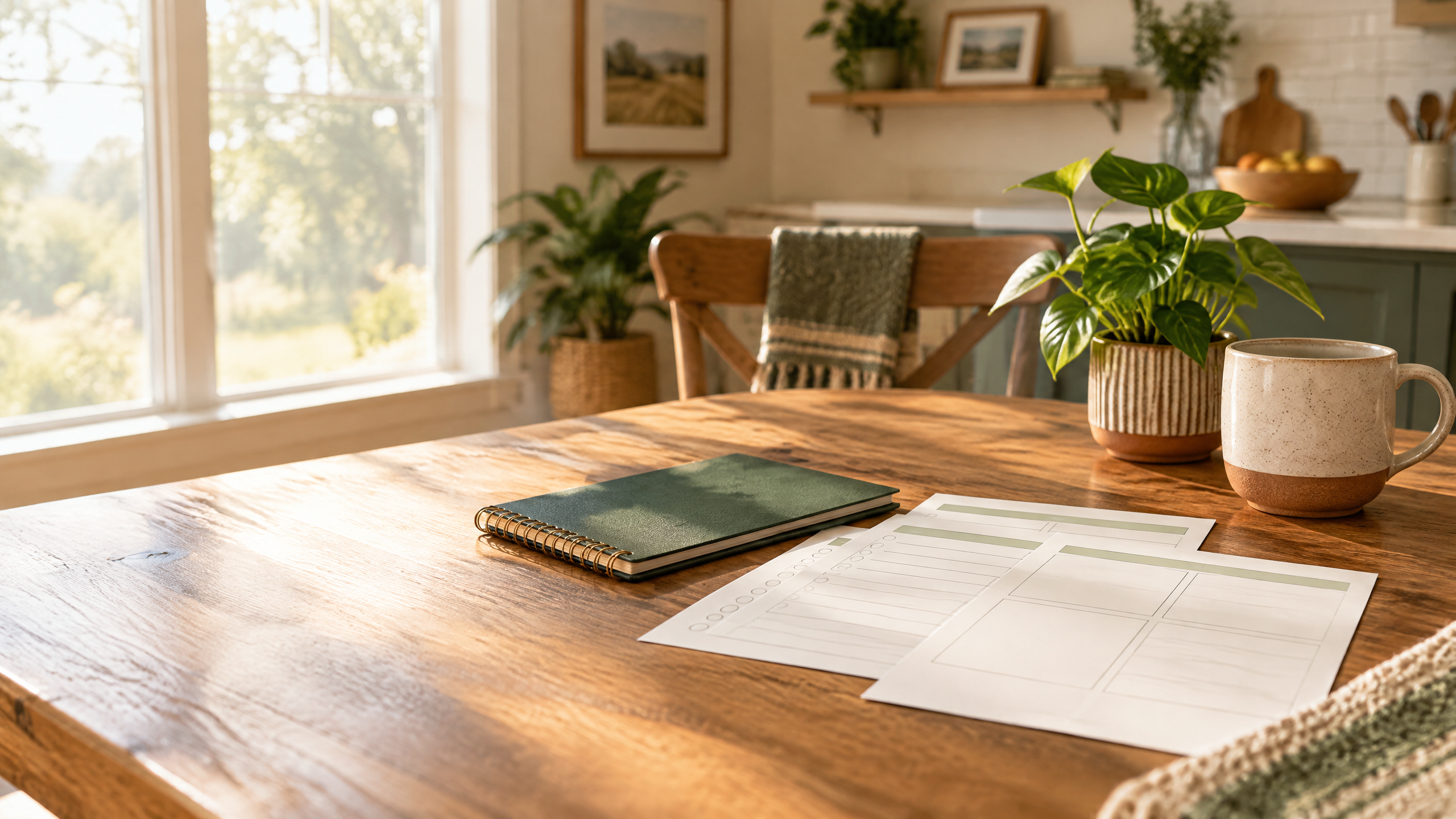 A sunlit kitchen table with planning materials