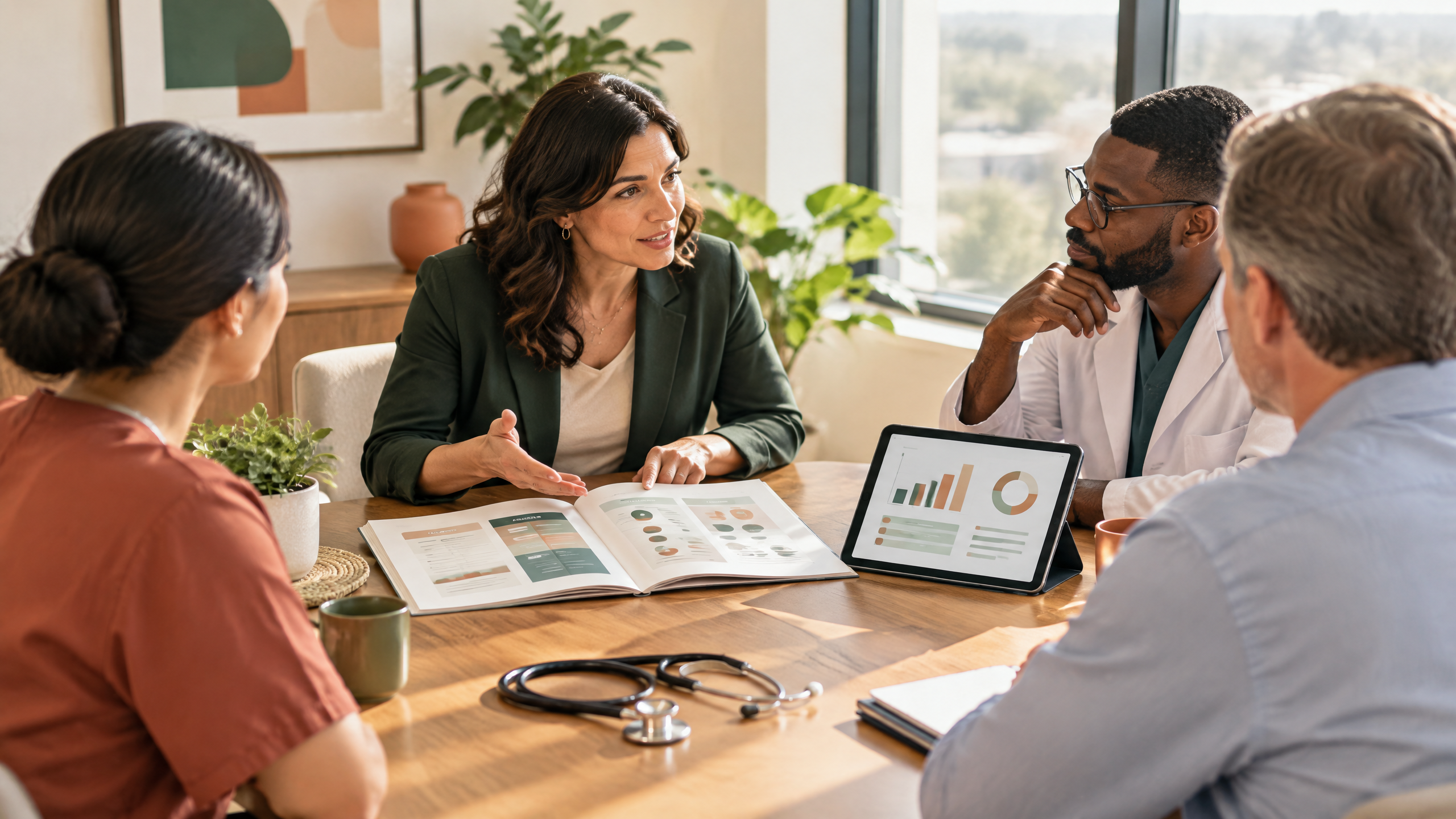 Healthcare practice leaders discussing group health options at a table
