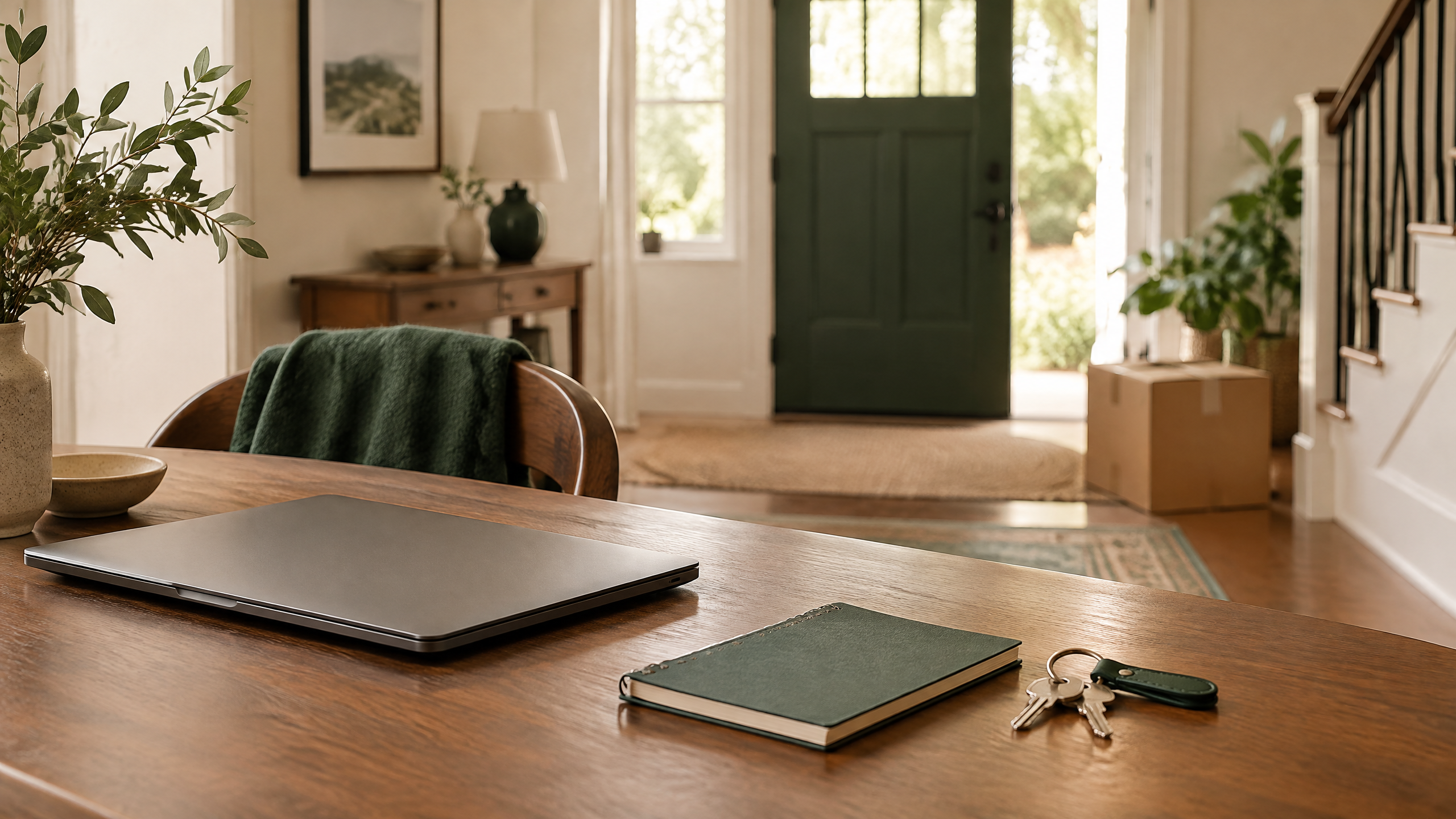 Home entryway and desk suggesting a life transition