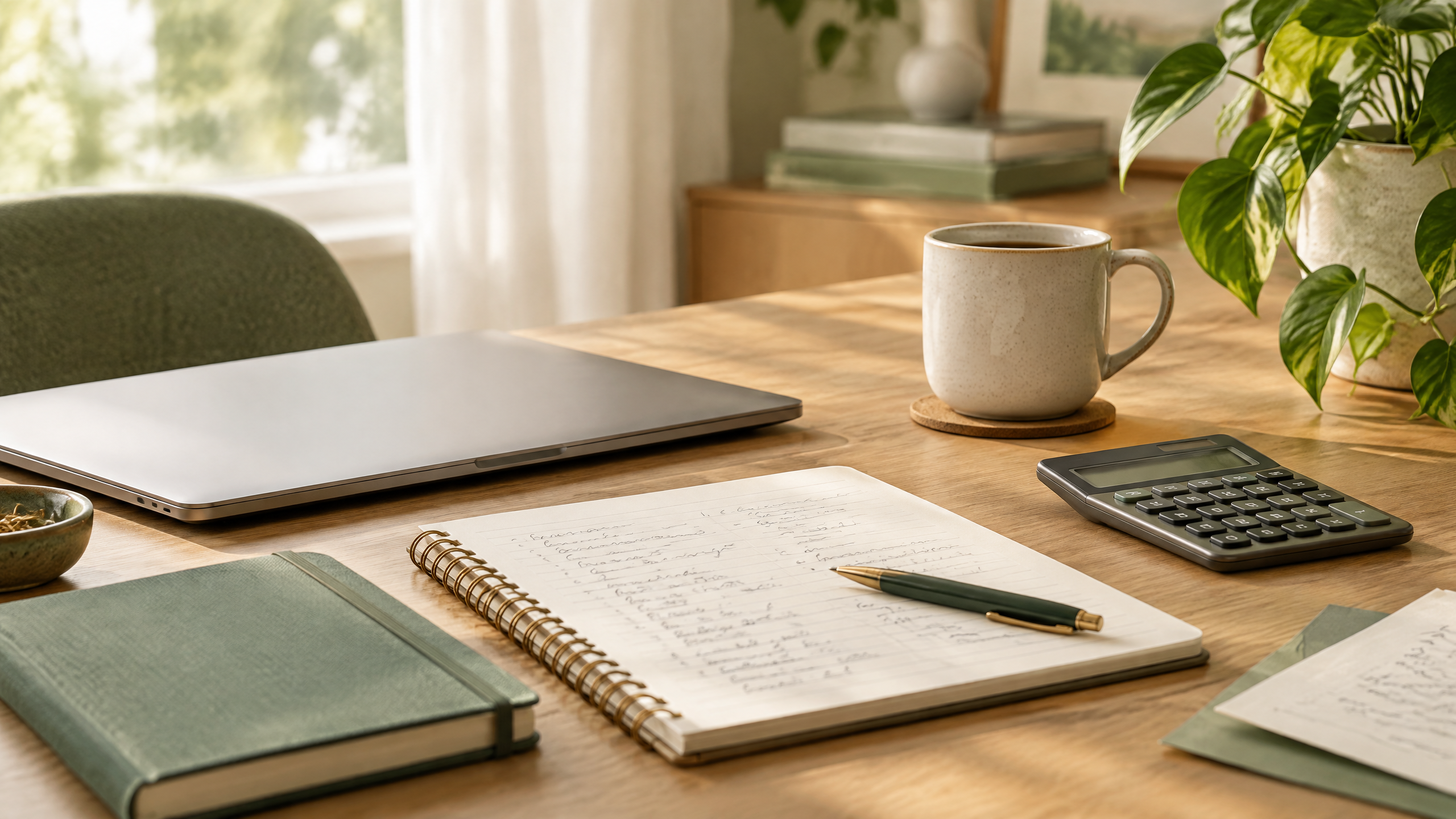 A home desk with a notebook and calculator