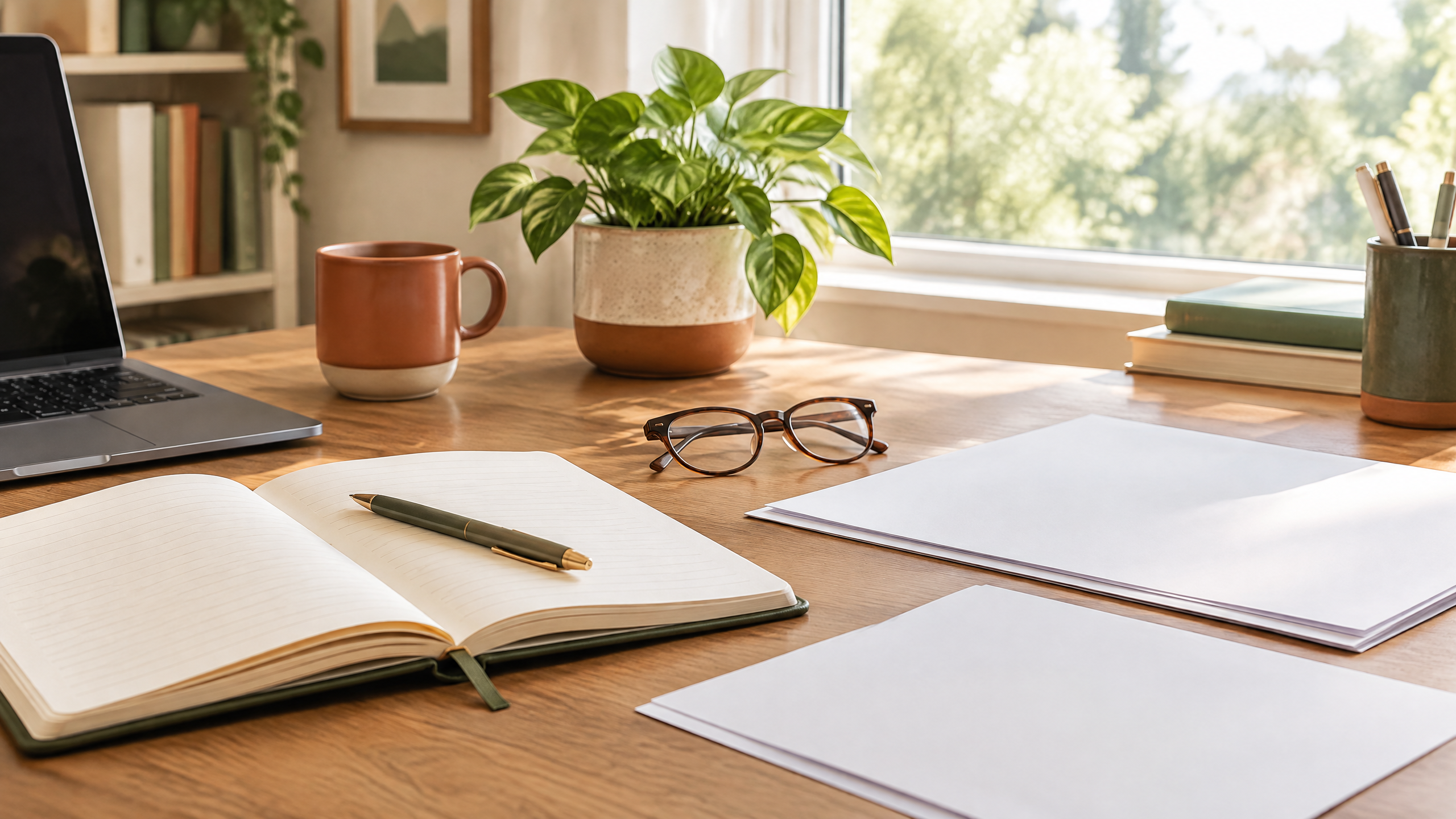 A calm work desk with benefits planning materials